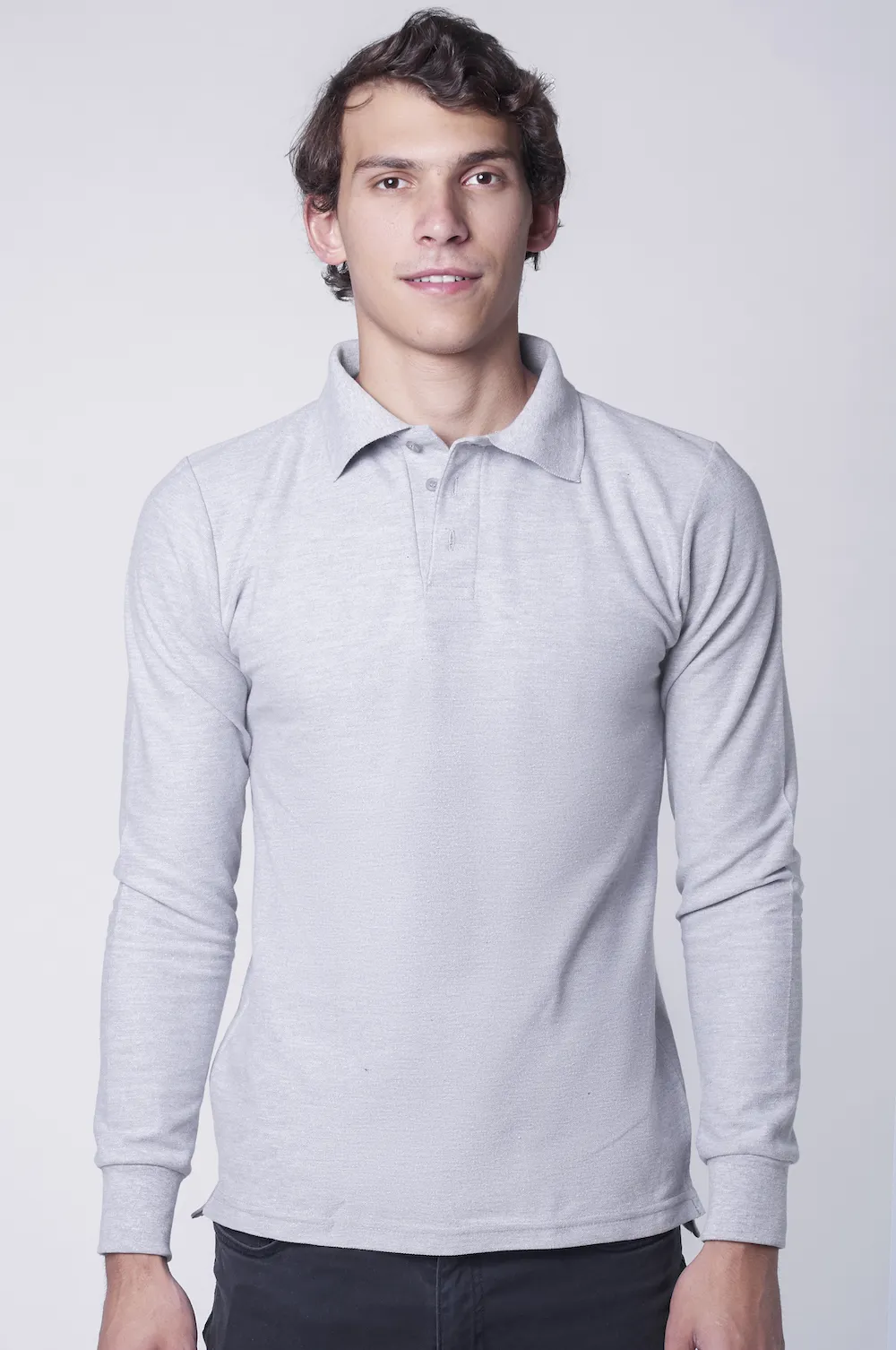 Playera Tipo Polo Manga Larga Gris Jaspe 