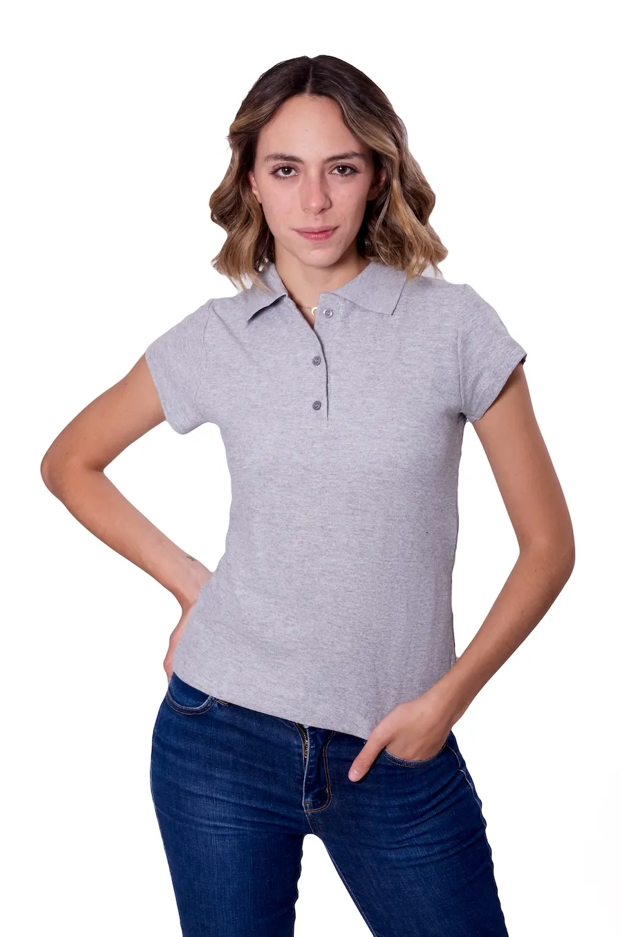 Playera tipo polo para dama color gris jaspe, 100% algodón, vista frontal