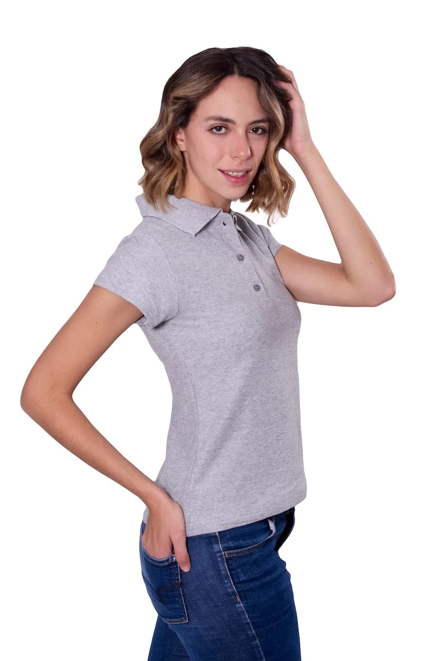 Playera tipo polo para dama color gris jaspe, 100% algodón, vista lateral