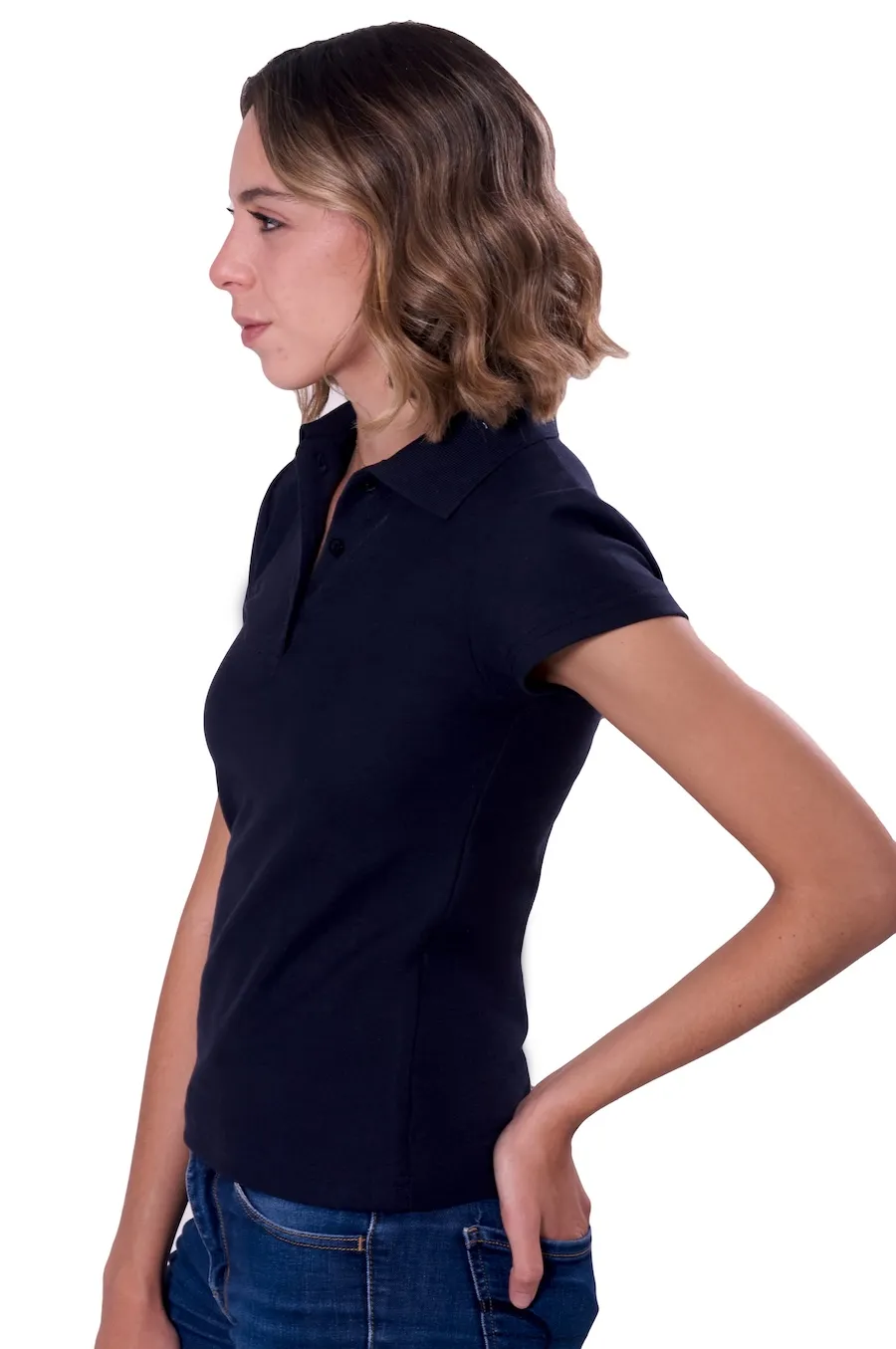 Playera tipo polo para dama color negro, 100% algodón, vista lateral