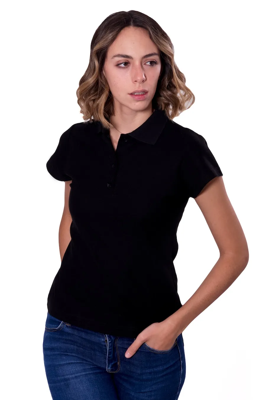 Playera tipo polo para dama negra, 100% algodón, vista posterior