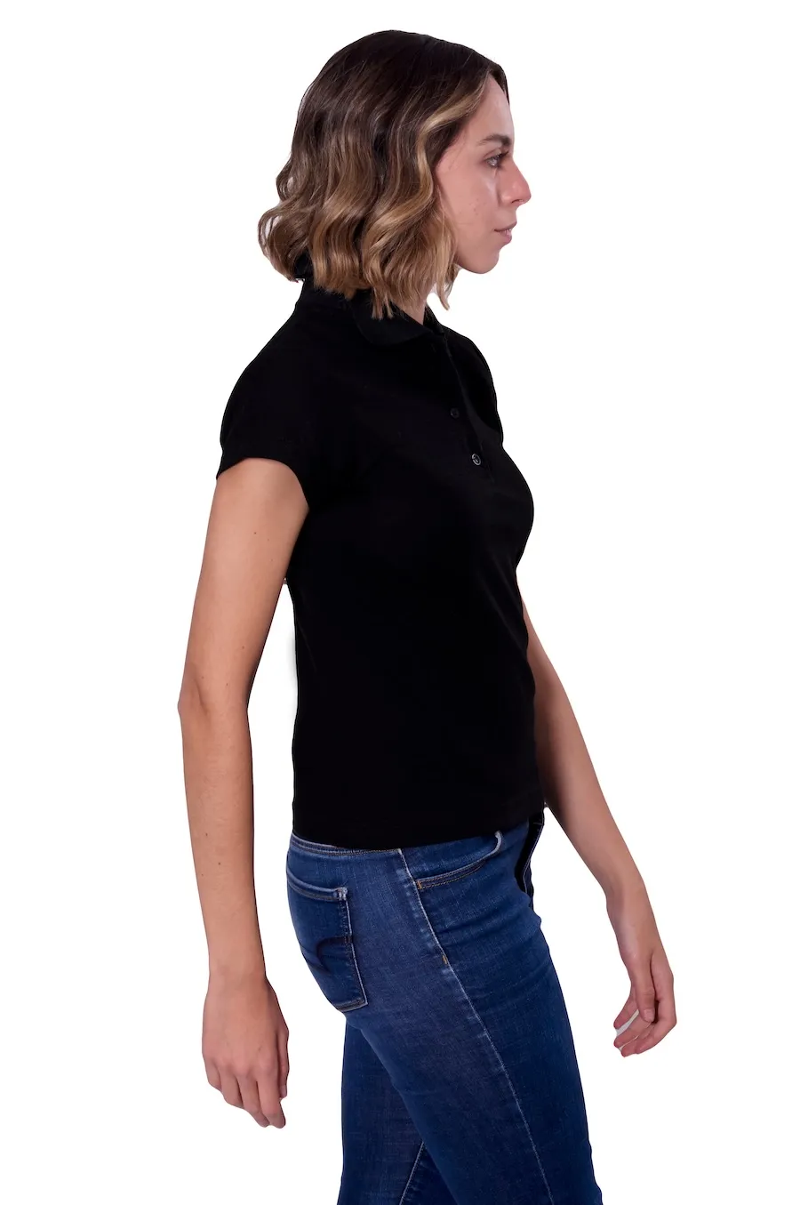 Playera tipo polo para dama negra, 100% algodón, detalle de mangas