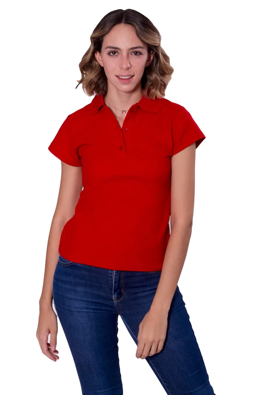Playera tipo polo para dama color rojo, 100% algodón, vista frontal