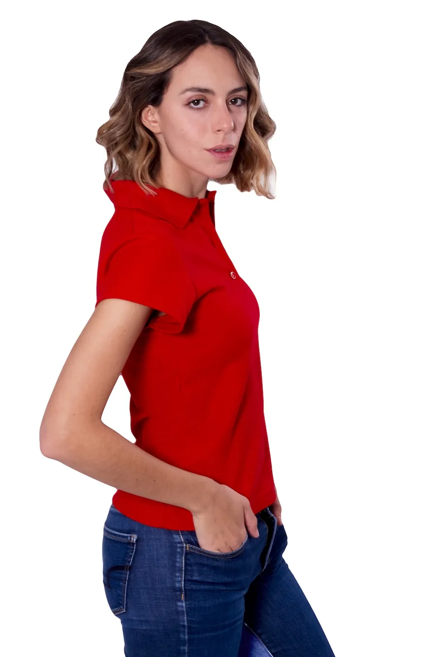 Playera tipo polo para dama color rojo, 100% algodón, vista lateral